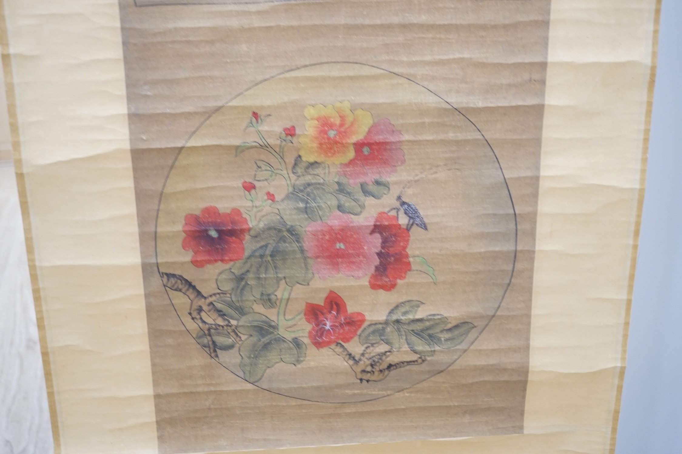 A pair of Chinese scroll pictures. Condition - fair